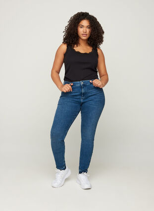 Super slim fit Amy jeans met onafgewerkte randen, Blue denim, Model image number 0