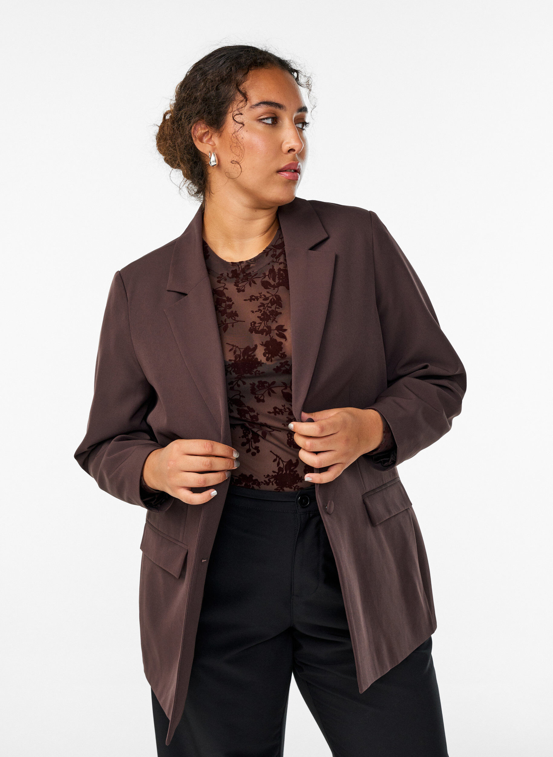 ZizziKlassieke blazer met knoopsluiting, Bruin, Model image number 3