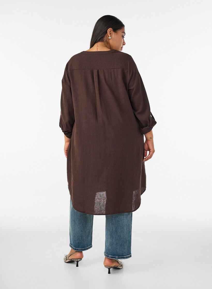 Chemise longue en lin et viscose, Marron, Model image number 1