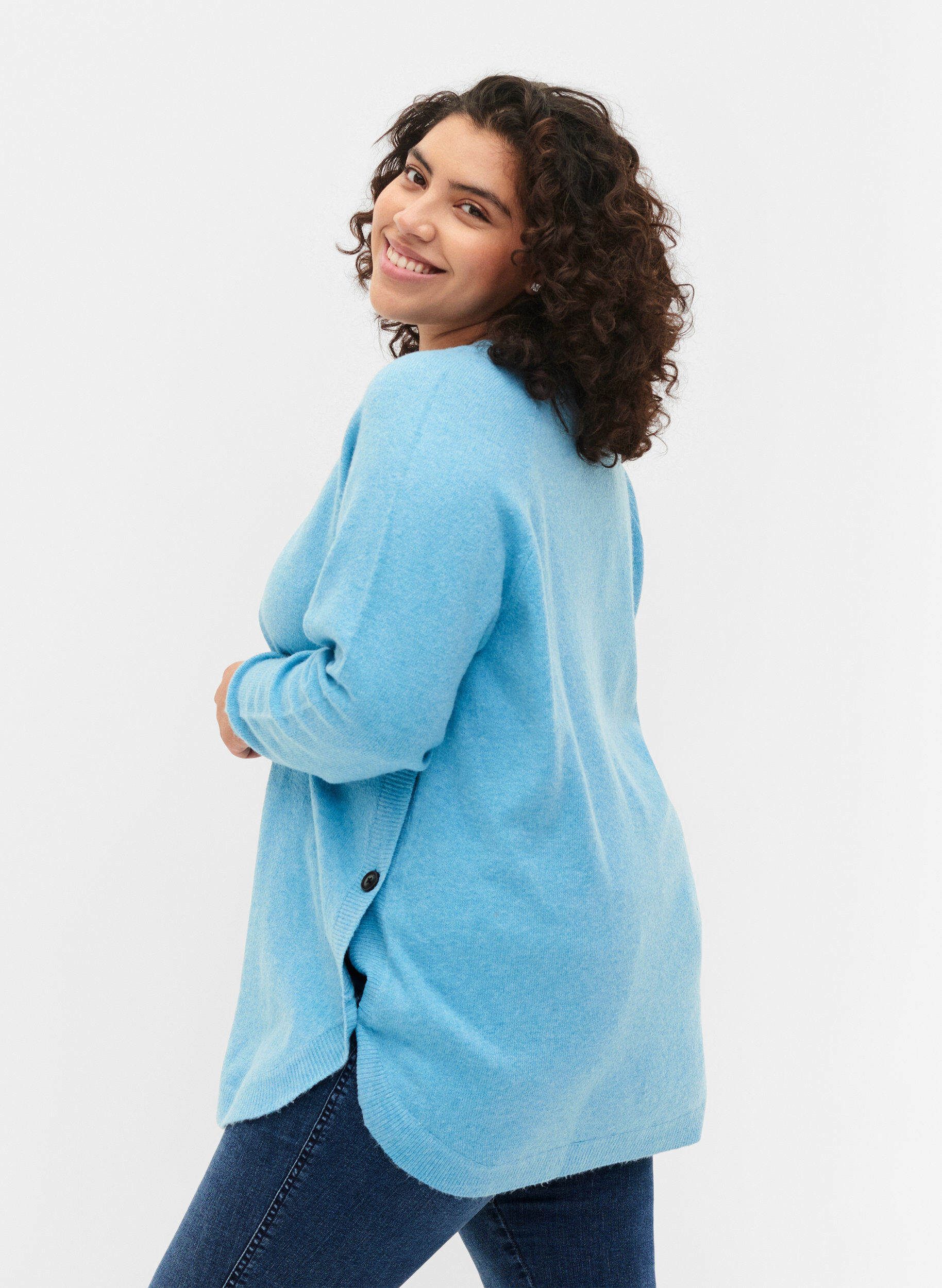 ZizziGem&ecirc;leerde gebreide blouse met knopen, River Blue WhiteMel., Model image number 1