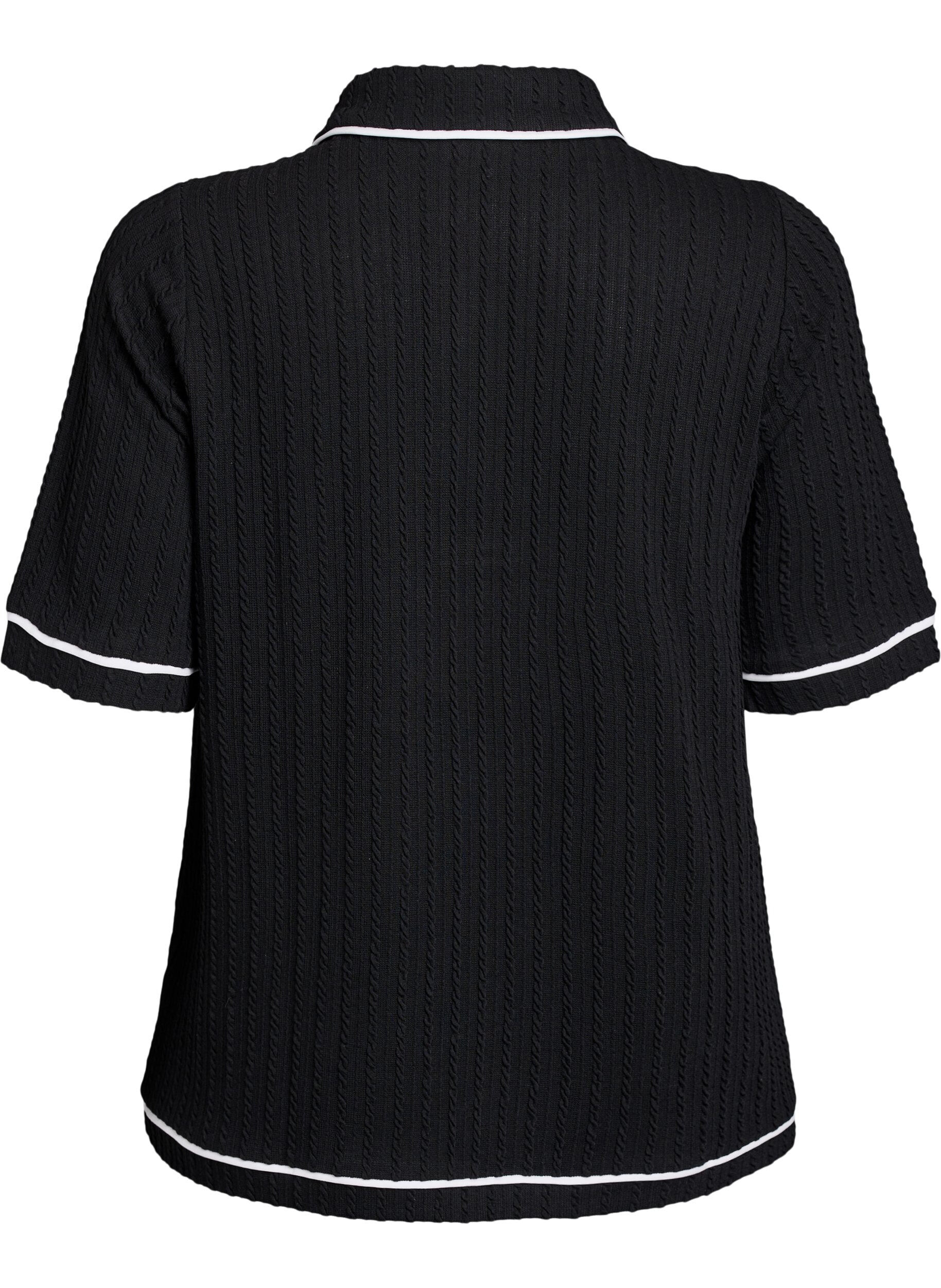 ZizziJersey poloshirt met textuur en contrasterende biezen, Zwart, Packshot image number 1