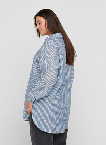 Chemise longue rayée en coton, Country Blue Stripe, Model image number 1