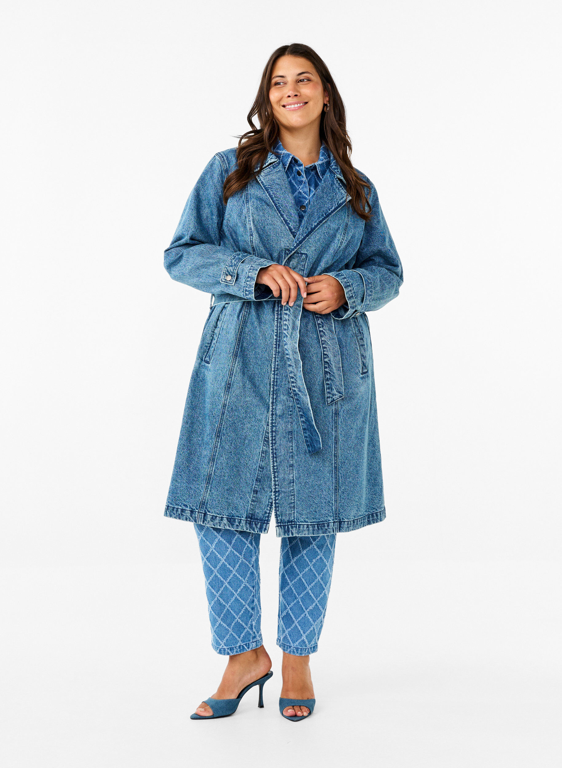 ZizziDenim trenchcoat met riem, Blue Denim, Model image number 0