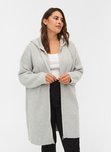 Cardigan long en maille à capuche avec zip, Light Grey Melange, Model image number 0