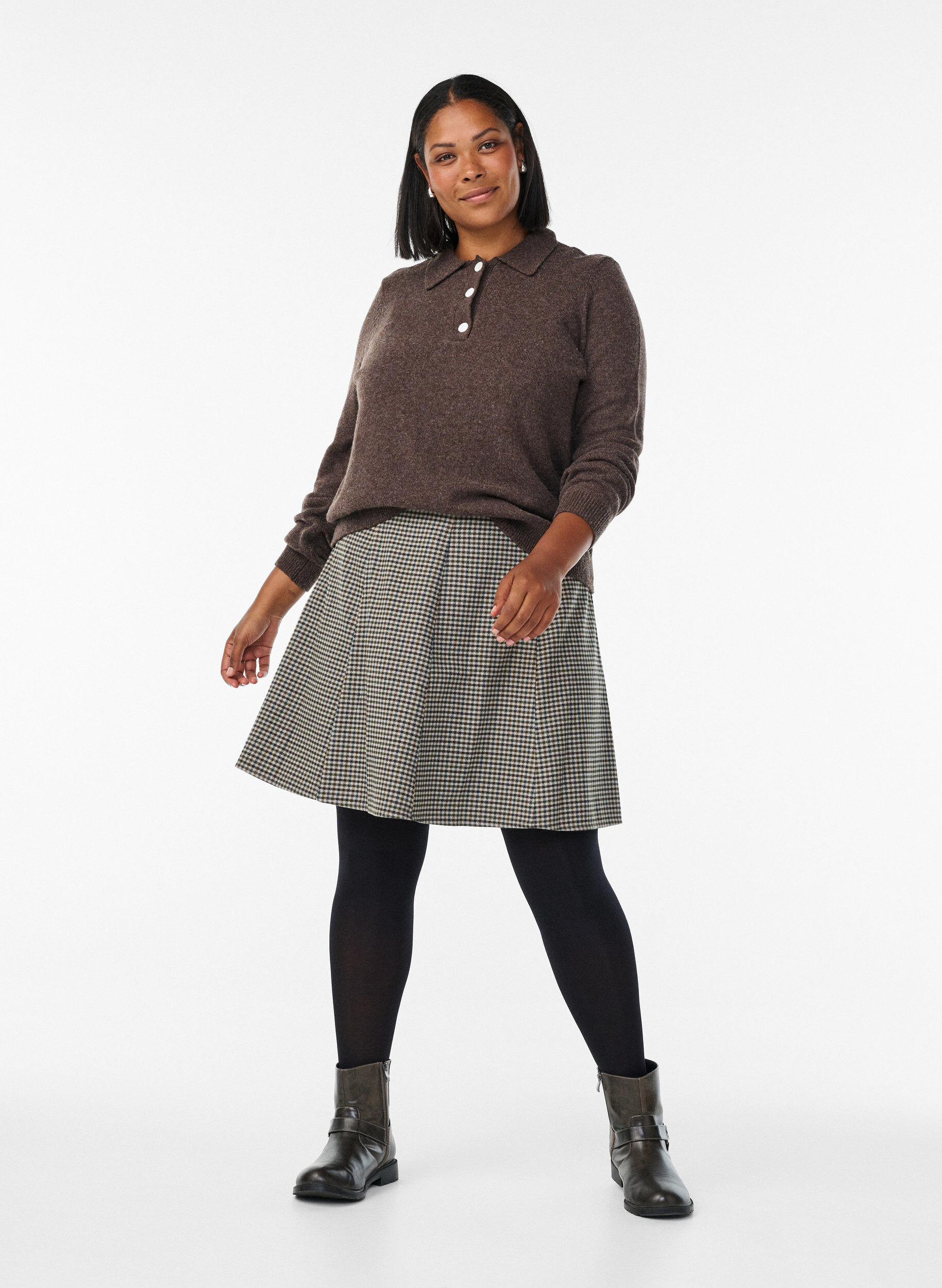 ZizziGebreide blouse in een zachte merinoblend met polokraag, Bruin, Model image number 1