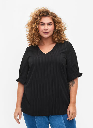 Gestreepte blouse met 1/2 mouwen, Black, Model image number 0