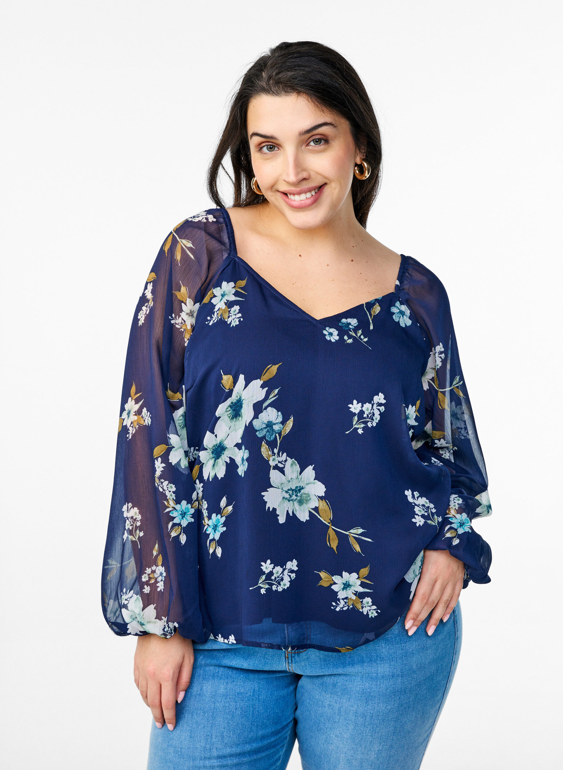 ZizziChiffon blouse met bloemenprint en lange mouwen, Blauw, Model image number 0