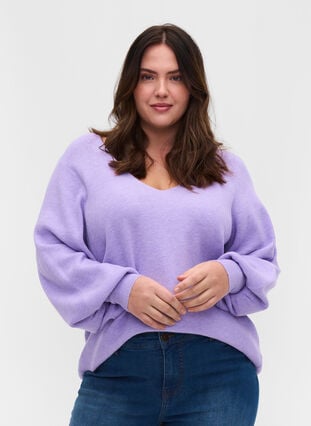 Pull en tricot à col en V et manches ballon, Purple Rose Mel, Model image number 0