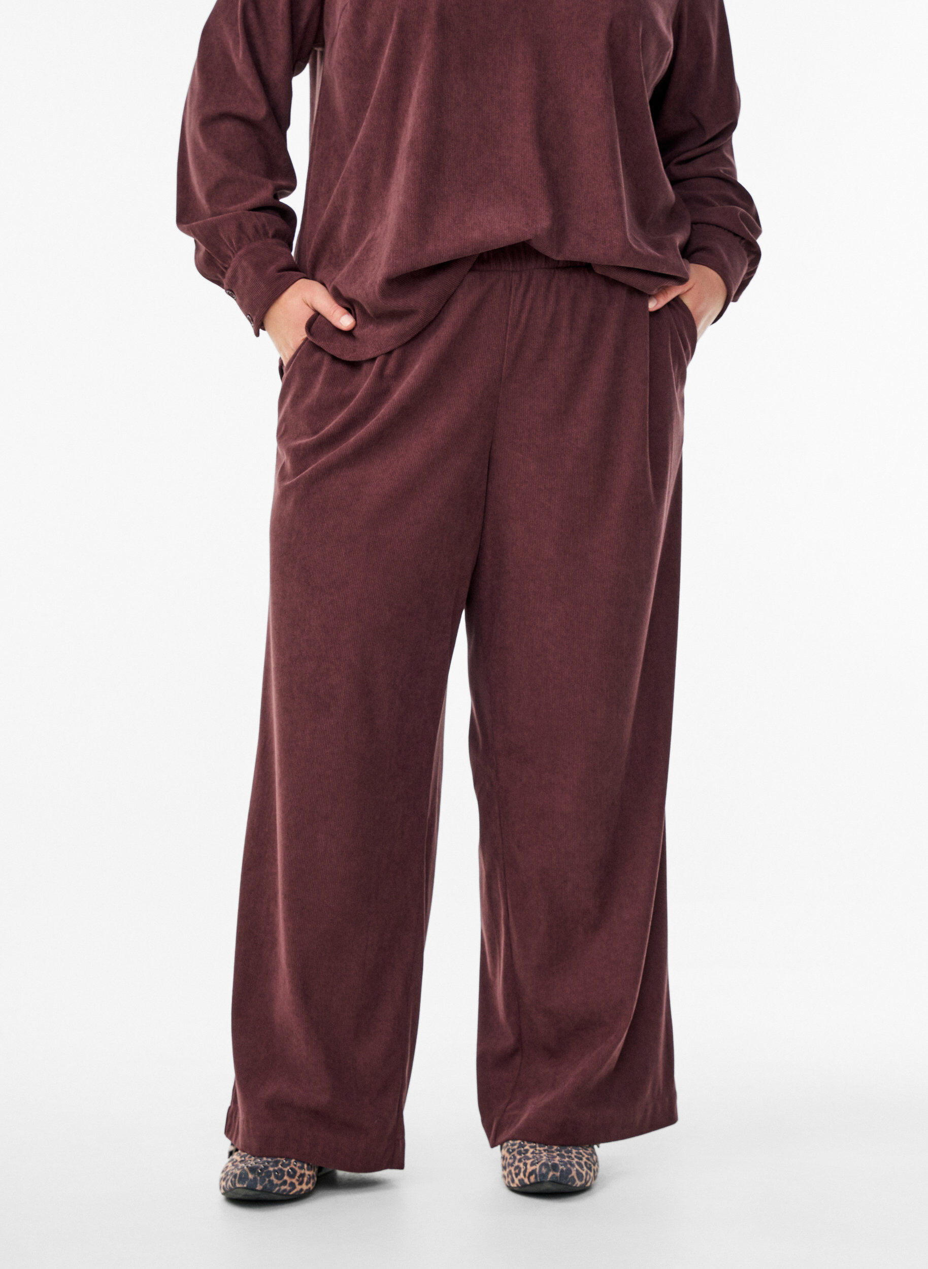 ZizziFluwelen broek met wijde pijpen, Donker Bordeaux, Model image number 2