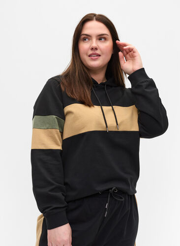 Sweatshirt met capuchon en trackdetails, Black/Camel, Model image number 0