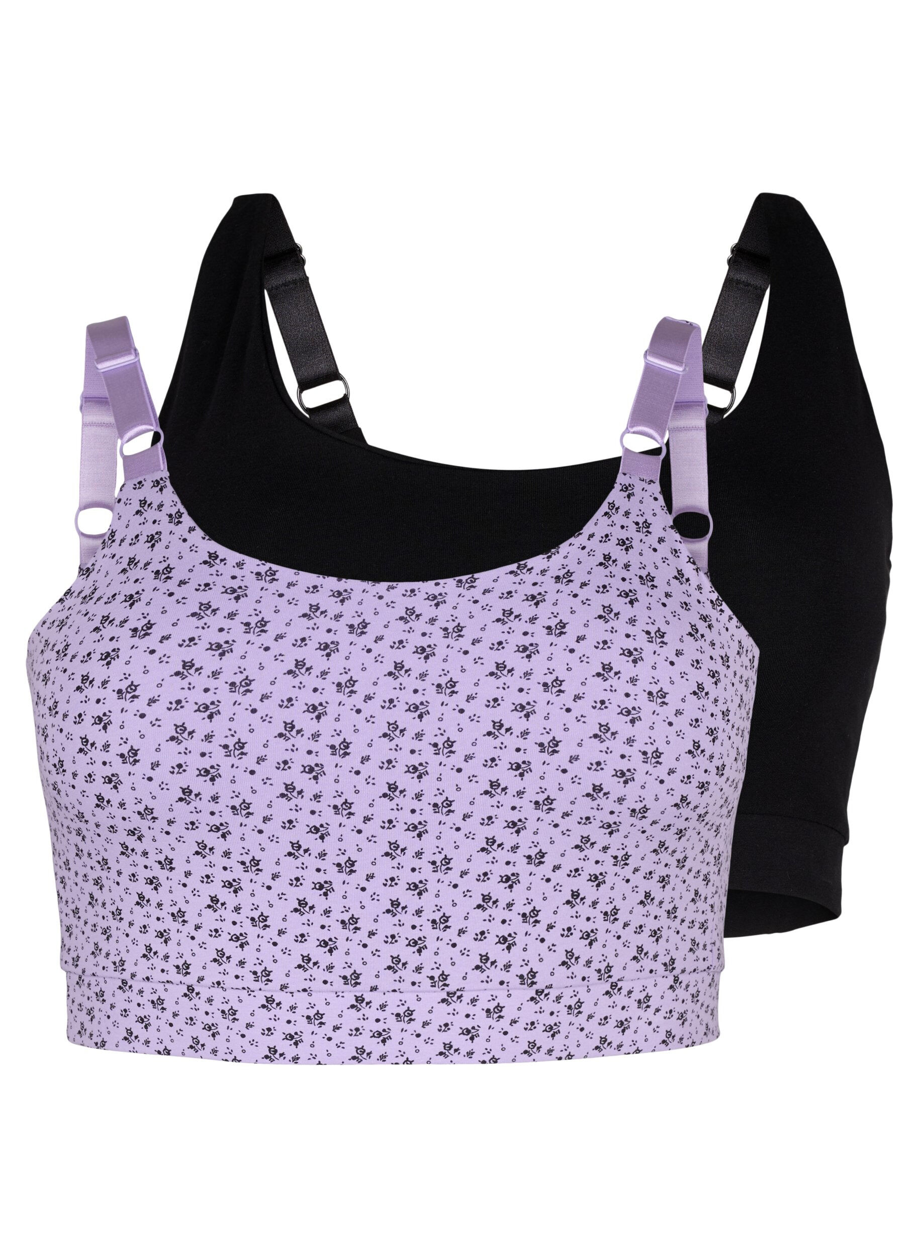Zizzi2-pack katoenen beha-top met verstelbare bandjes, Purple Rose/Black, Packshot image number 0