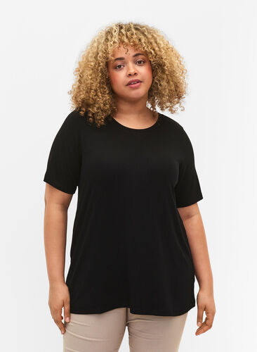 T-shirt en viscose avec structure côtelée, Black, Model image number 0