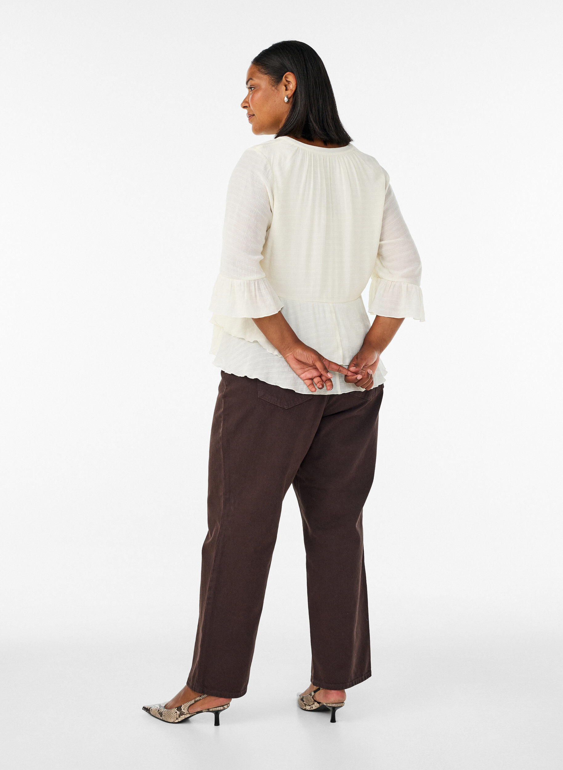 ZizziBlouse met 3/4-mouwen en ruchesdetails, Vanille, Model image number 2