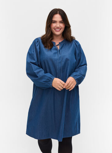Robe en jean à manches longues avec col en V et cordon de serrage, Blue denim, Model image number 0