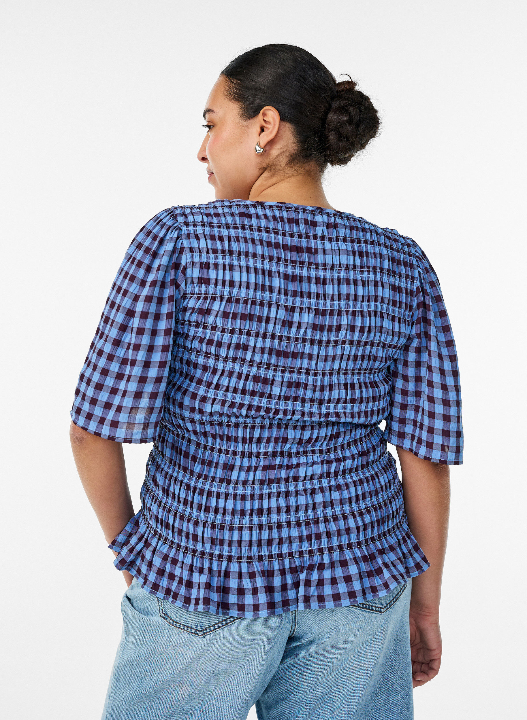 ZizziSmockblouse met ginghamruit en rucherand, Blauw, Model image number 2