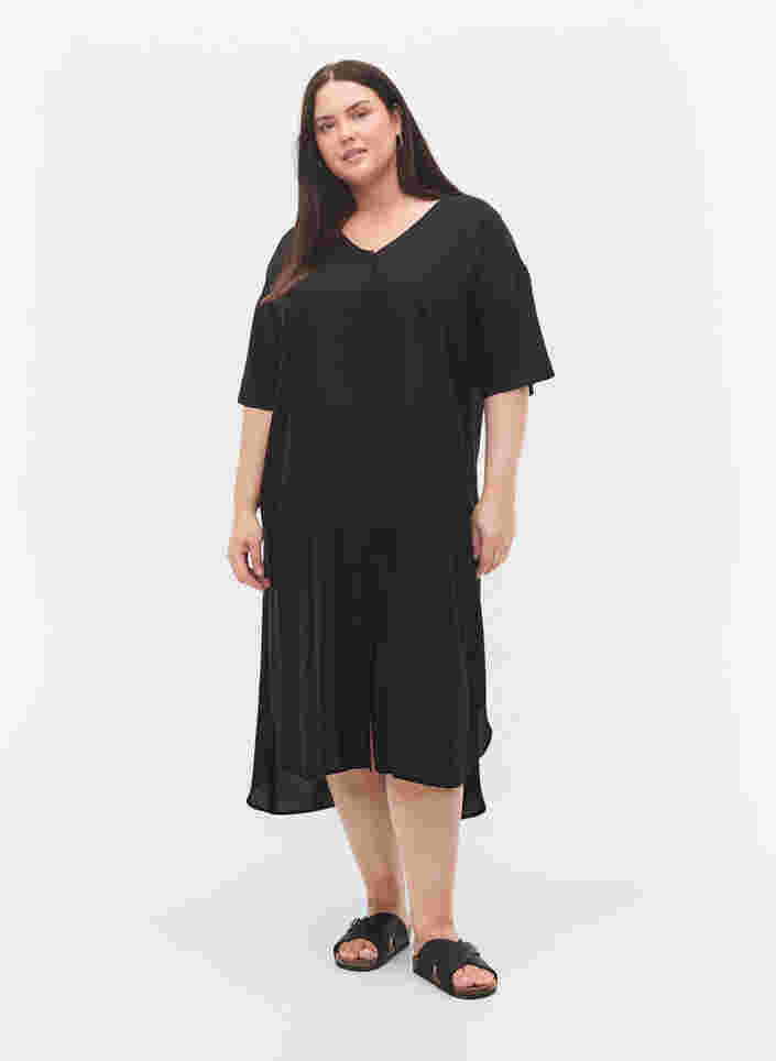Robe chemise à manches courtes en viscose, Black, Model image number 1