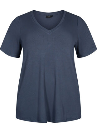 T-shirt en viscose côtelée avec col en V, Umbre Blue , Packshot image number 0