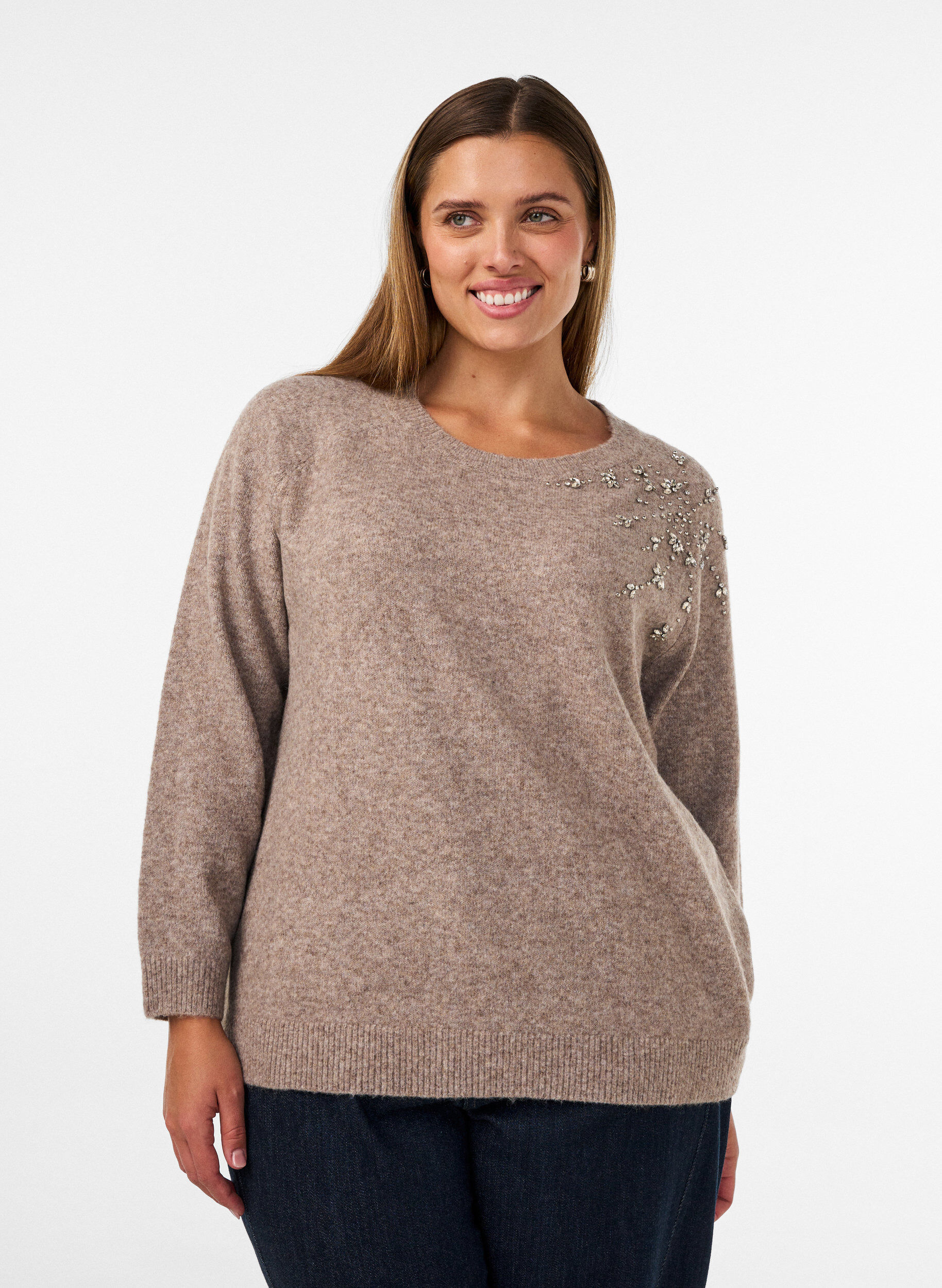 Gebreide blouse met strassteentjes en studs, Beige, Model