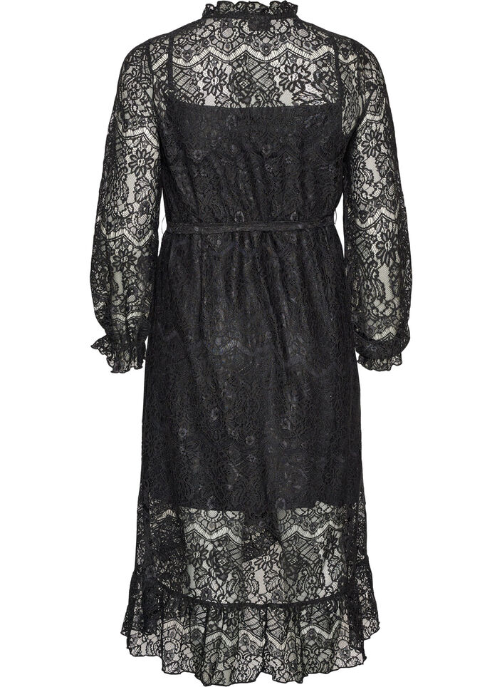 Robe en dentelle avec jupe portefeuille et volants, Noir, Packshot image number 1