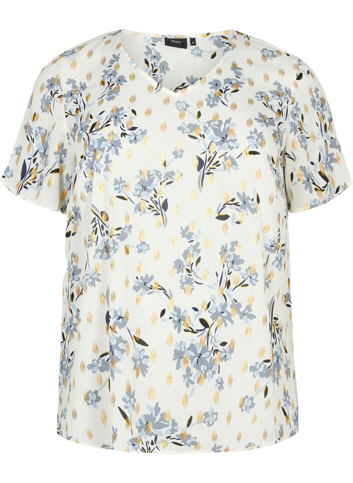 Blouse met print en lurex, White Flower/Gold, Packshot image number 0