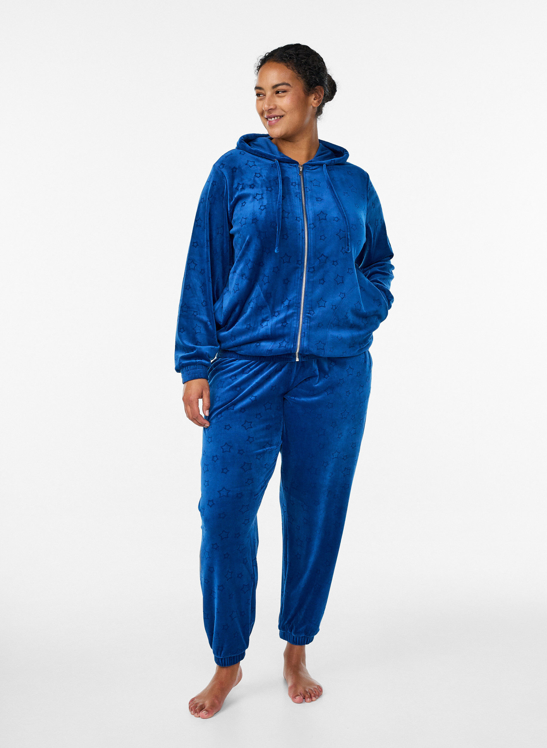 ZizziVelours vest met capuchon en zakken, Blauw, Model image number 1