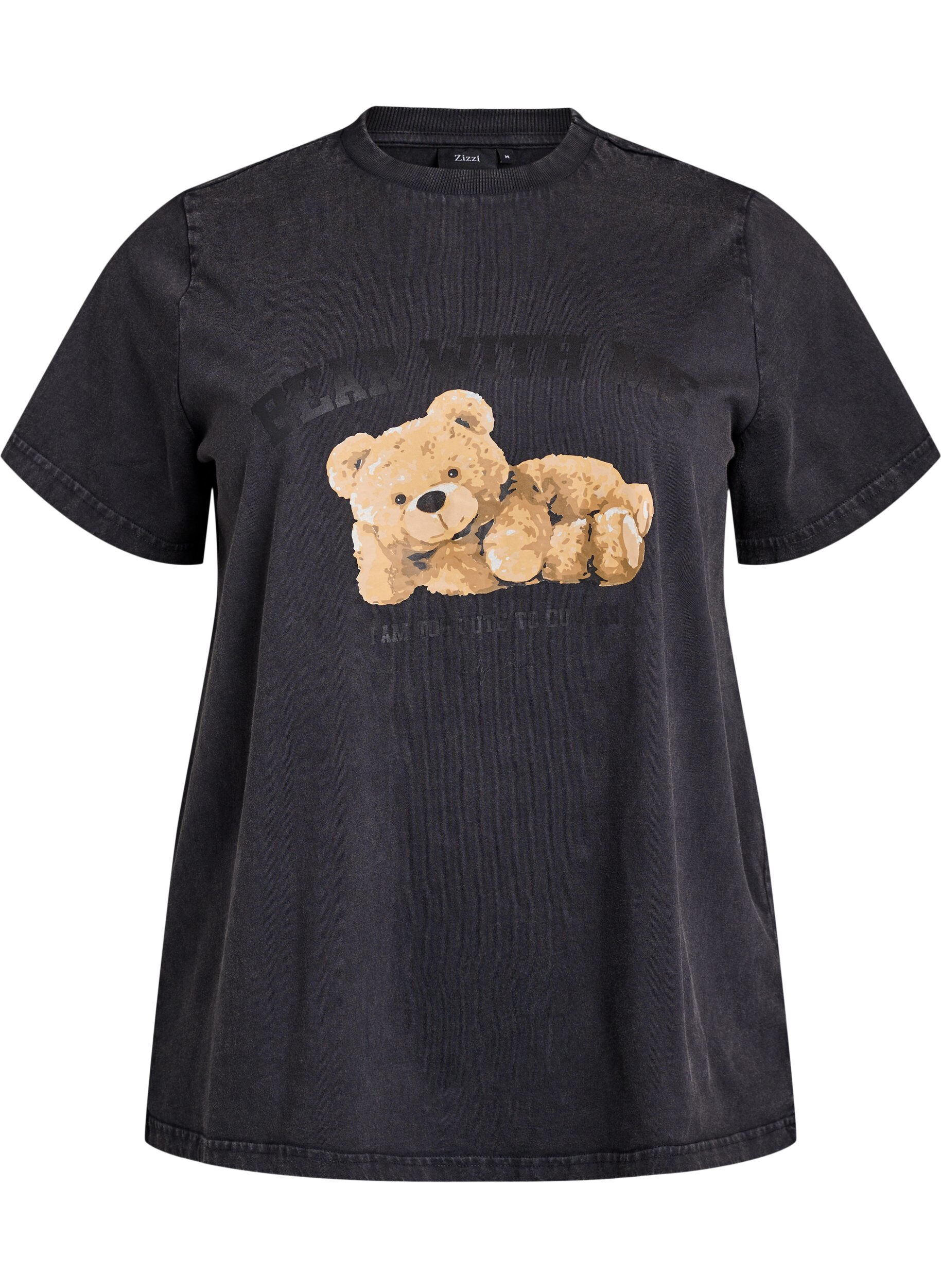 ZizziT-shirt met teddybeerprint en gewassen look, Grijs, Packshot image number 0