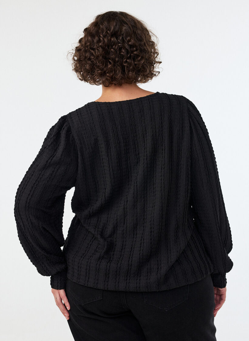 Blouse en jersey textur&eacute; &agrave; la silhouette ballon, Noir, Model image number 2