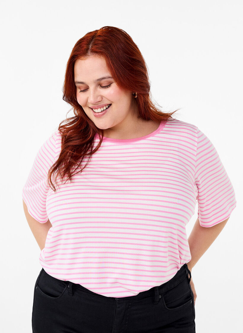 Gestreept T-shirt van lyocell met ronde hals, Rood, Model image number 0