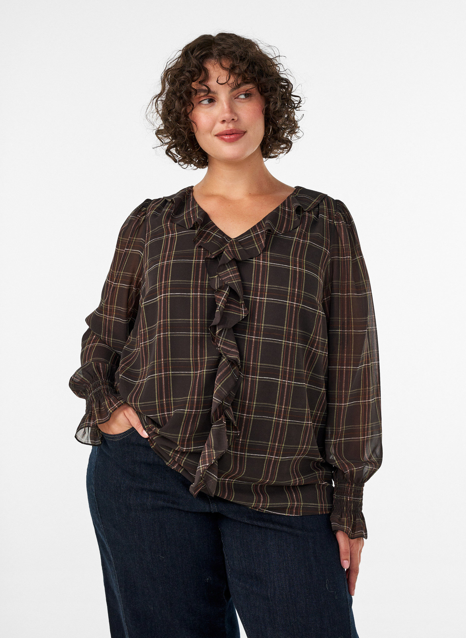 ZizziBlouse met ruit en ruches details, Groen, Model image number 0
