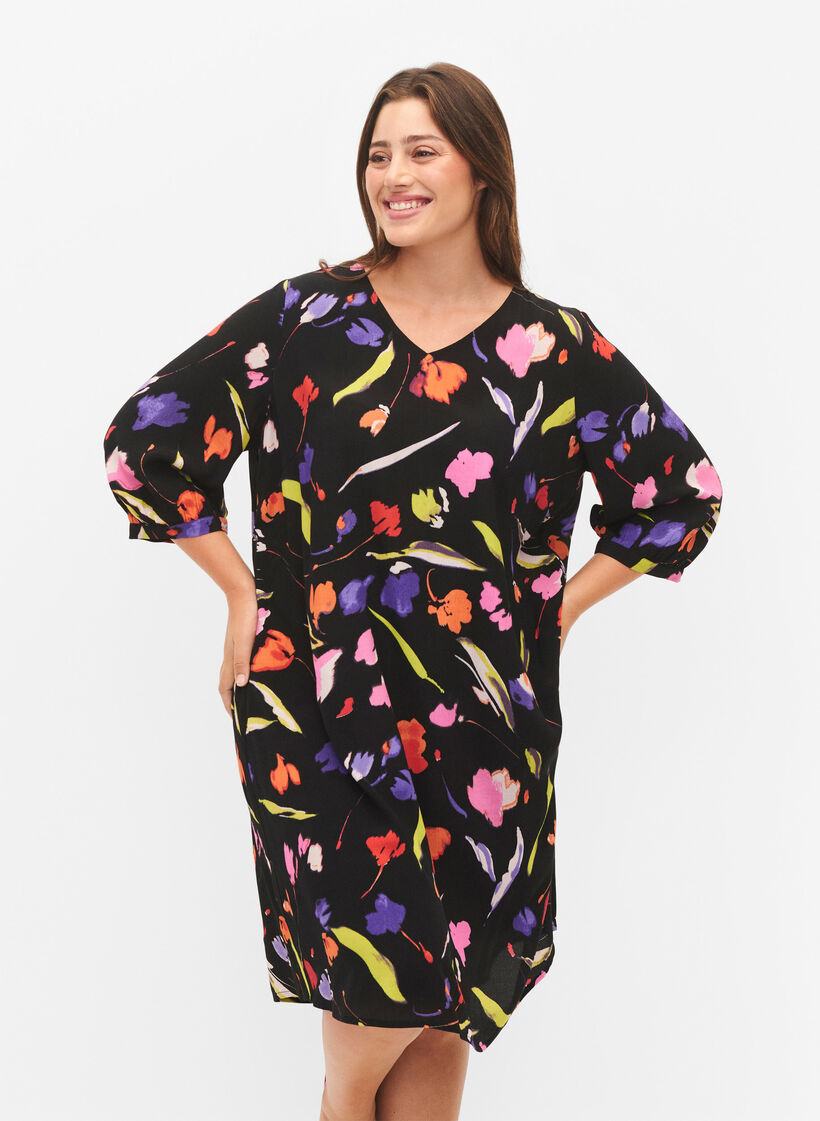 Viscose jurk met print en 3/4 mouwen, Faded Tulip AOP, Model image number 0