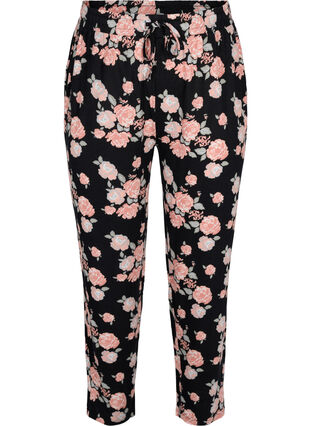 Pantalon de pyjama en viscose fleuri, Black Flower AOP, Packshot image number 0