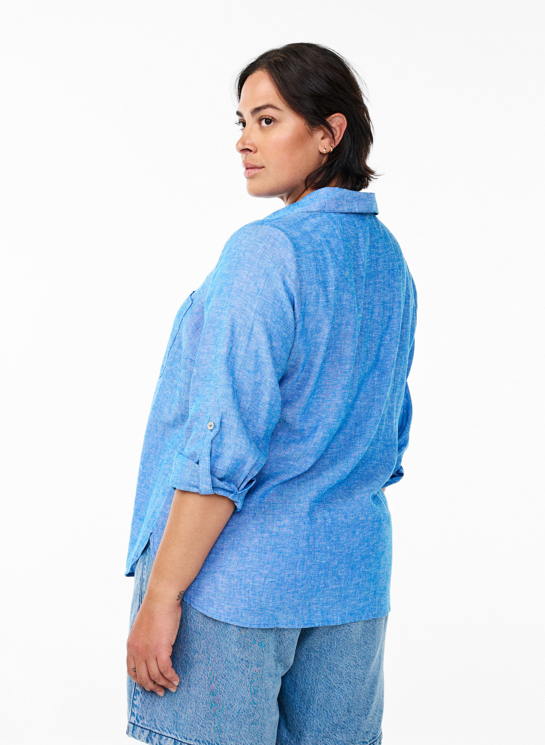 ZizziLinnen en viscose shirt met 3/4 mouwen, Blauw, Model image number 1