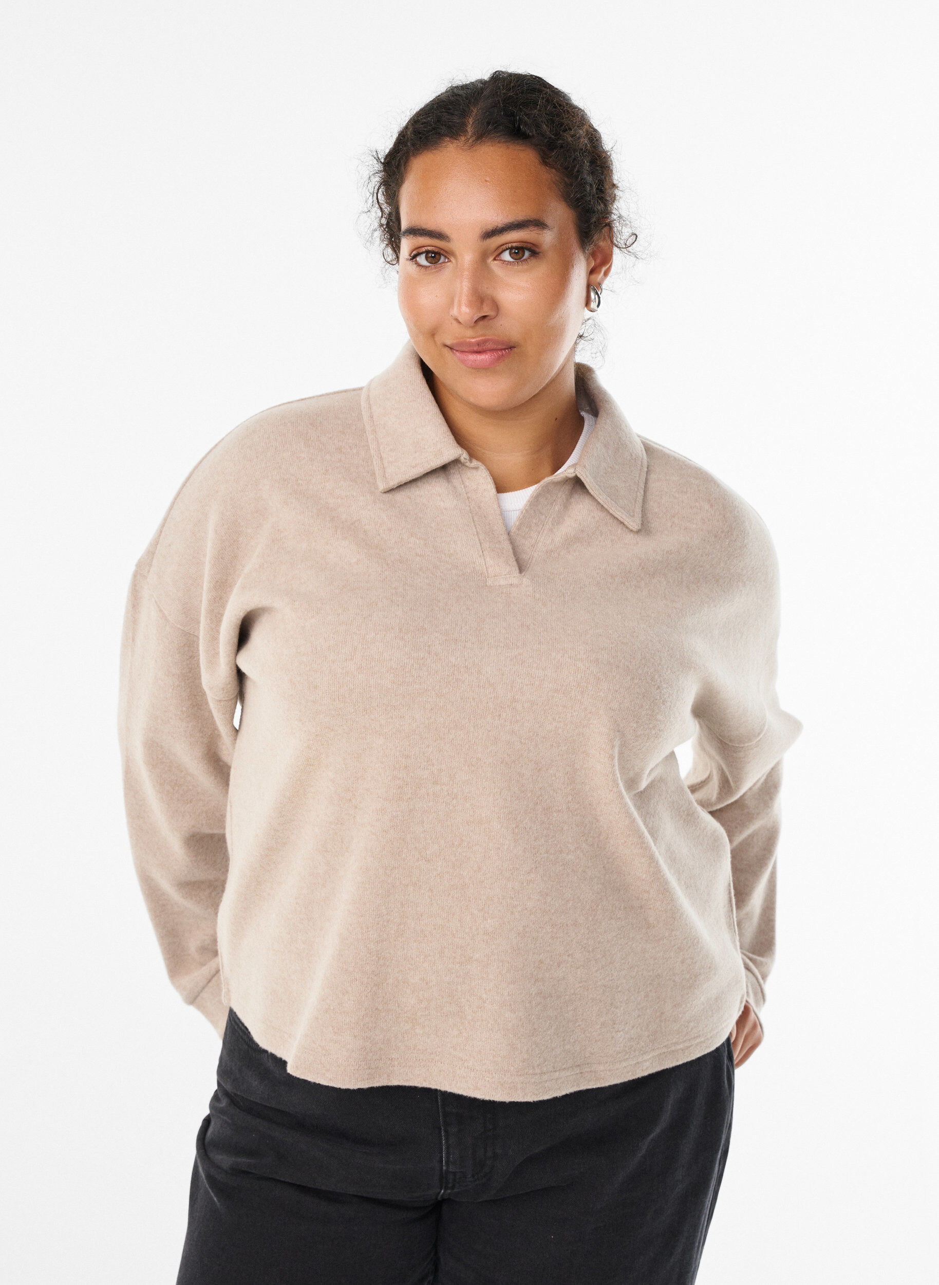 Jersey blouse met kraag en V-hals, Beige, Model