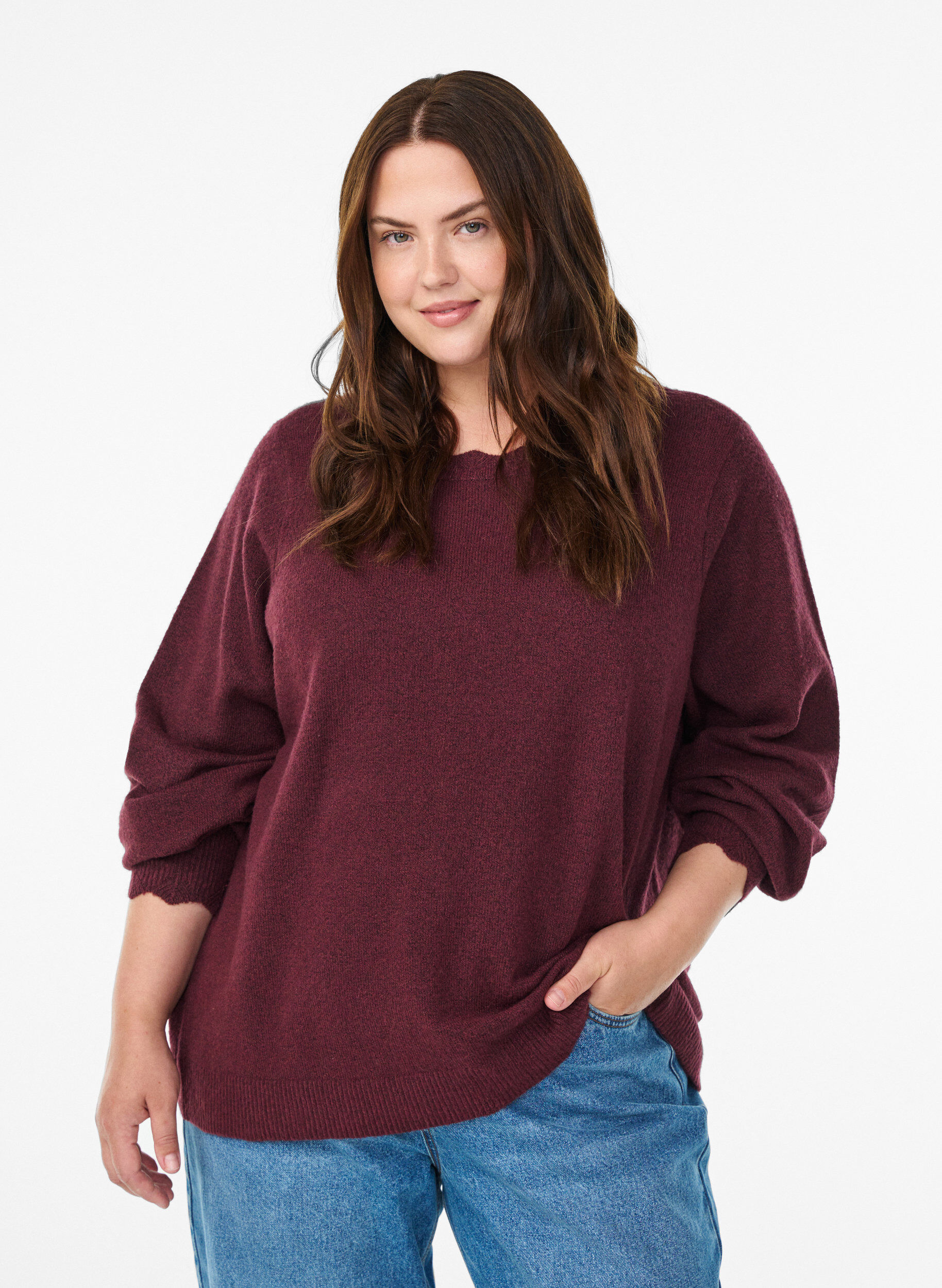 Gebreide blouse met golvende randen, Donker Bordeaux, Model