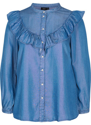 Chemise à manches longues avec volants en lyocell (TENCEL™), Blue denim, Packshot image number 0
