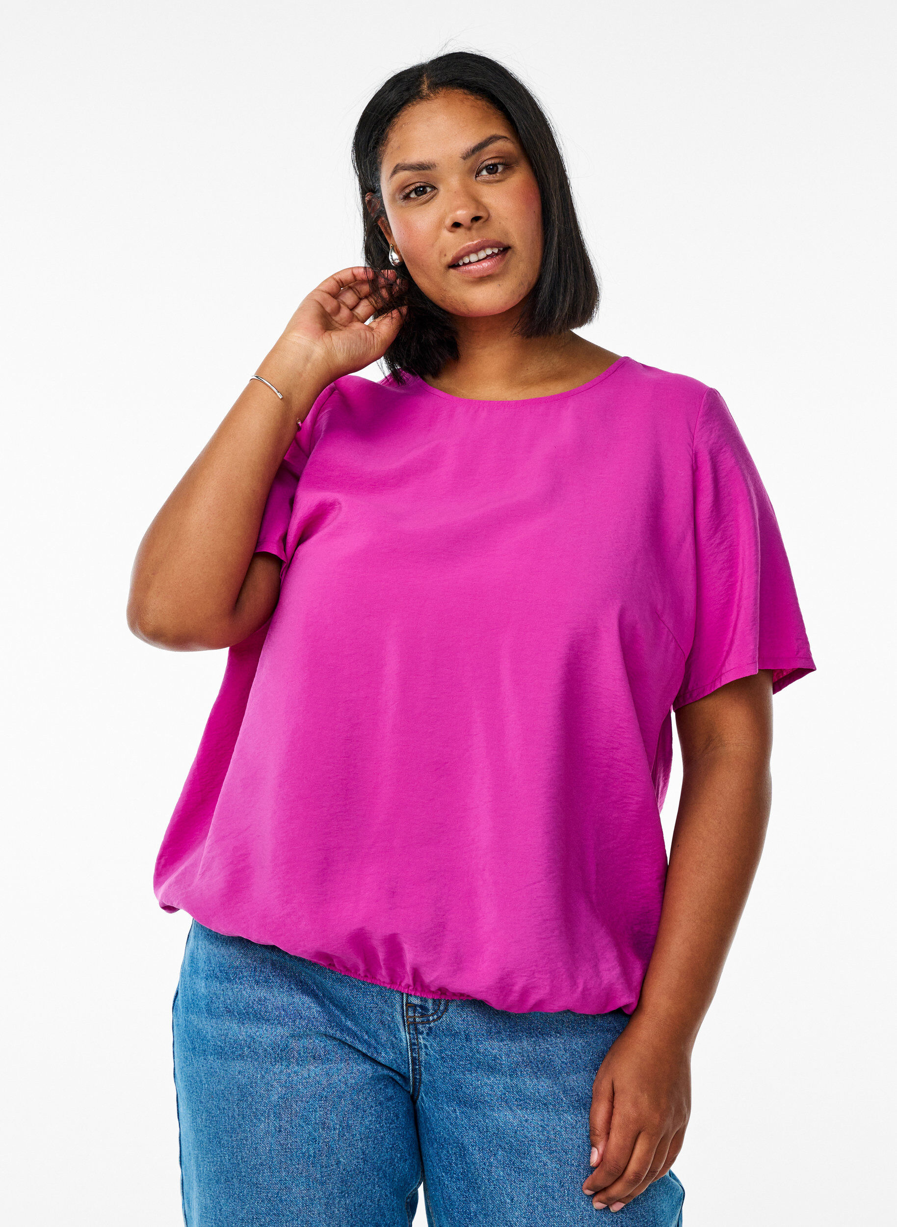 Blouse met korte mouwen en elastische zoom, Roze, Model