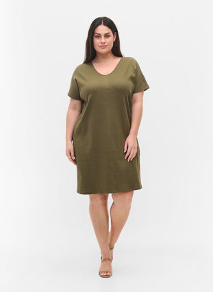 Katoenen jurk met korte mouwen in rib, Ivy Green, Model image number 2