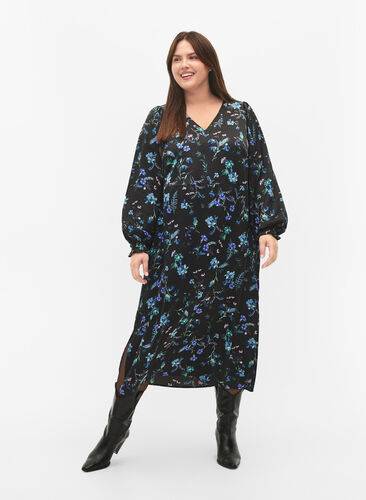 Midi-jurk met lange mouwen en bloemenprint, Blue Flower AOP, Model image number 0