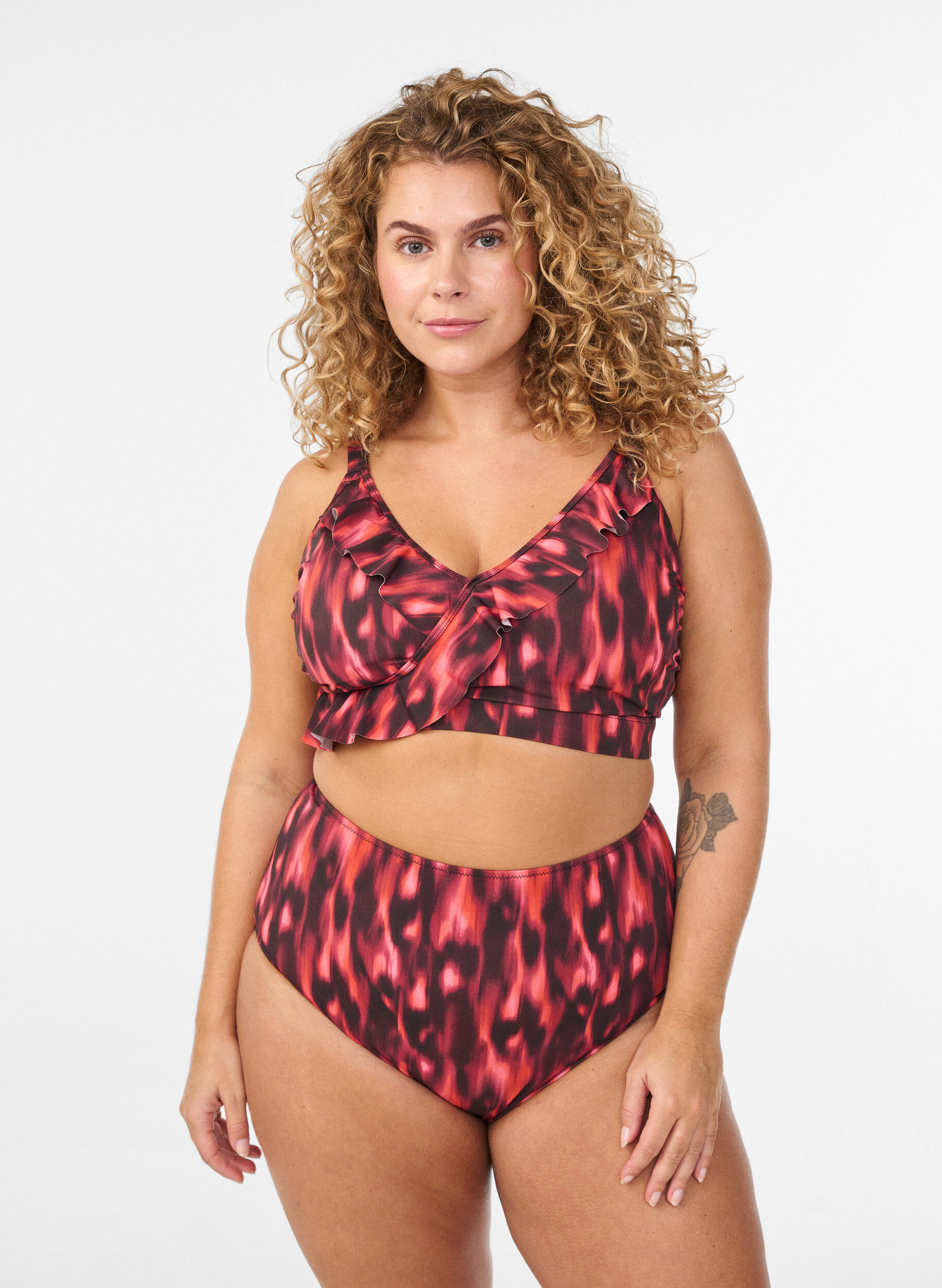 Bikinibroekje met print en hoge taille, Rood, Model