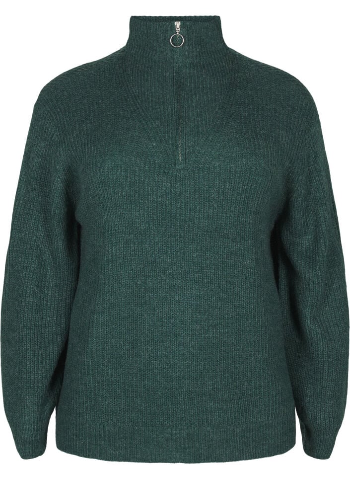 Pull en tricot avec col haut et fermeture &eacute;clair, Vert fonc&eacute;, Packshot image number 0