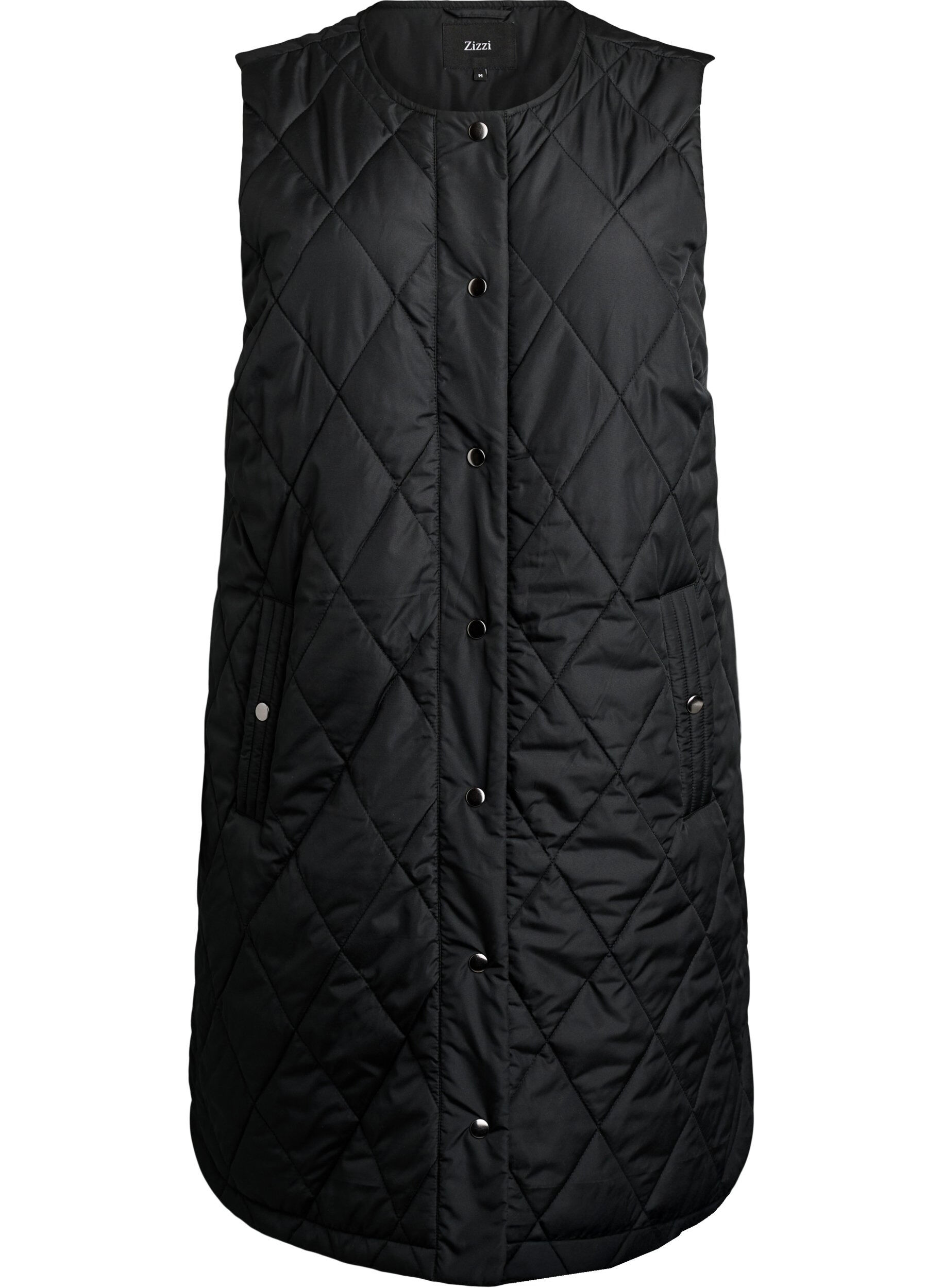 ZizziLange gewatteerde gilet met drukknoopsluiting, Zwart, Packshot image number 0