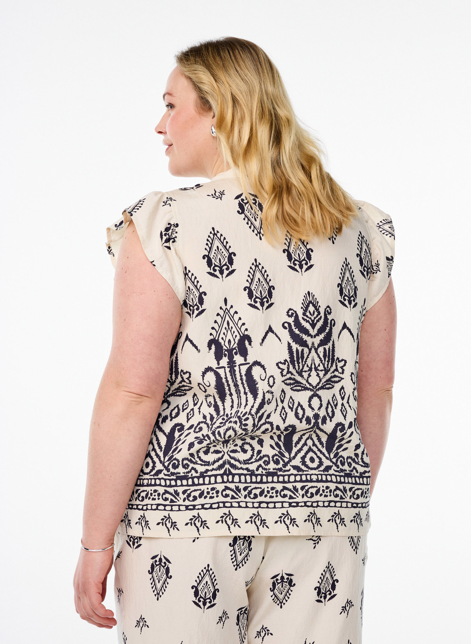 ZizziMouwloze blouse met ruche en print, Beige, Model image number 2