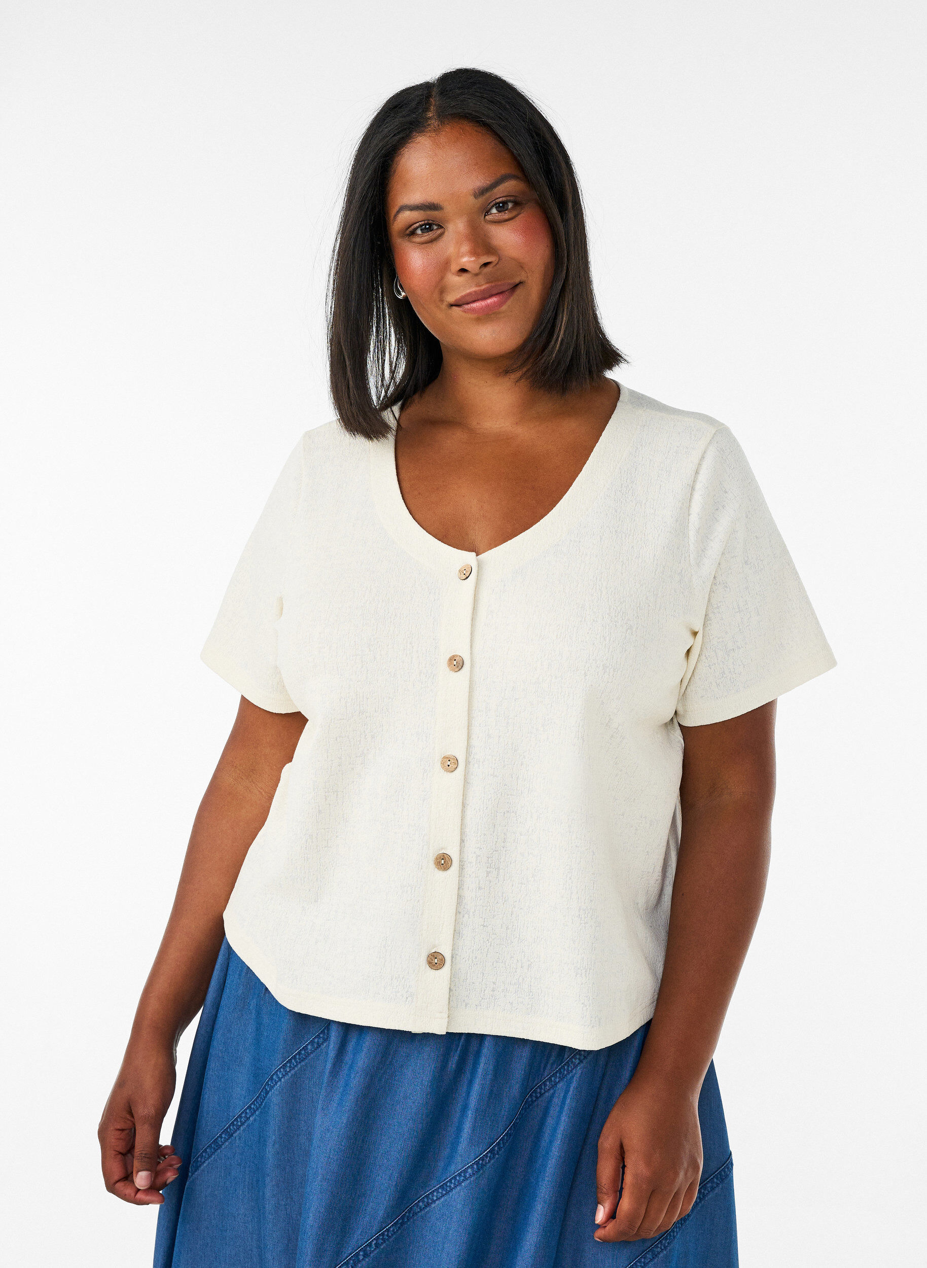 ZizziKatoenen blouse met structuur en knoopsluiting, Vanille, Model image number 0