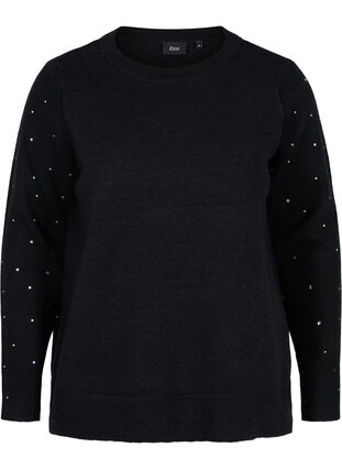 Blouse en tricot côtelée  avec des strass décoratives , Black, Packshot image number 0