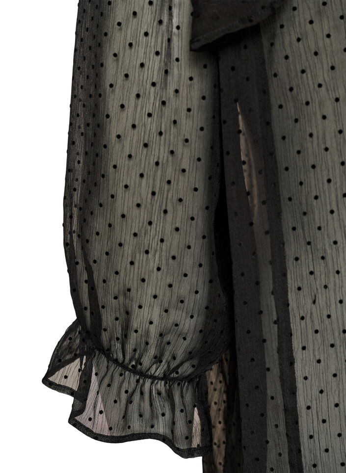 Robe midi en tissu l&eacute;ger et vaporeux &agrave; pois, avec des volants, Noir, Packshot image number 3