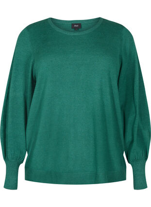 Gebreide blouse van viscose met ballonmouwen, Evergreen Mel., Packshot image number 0