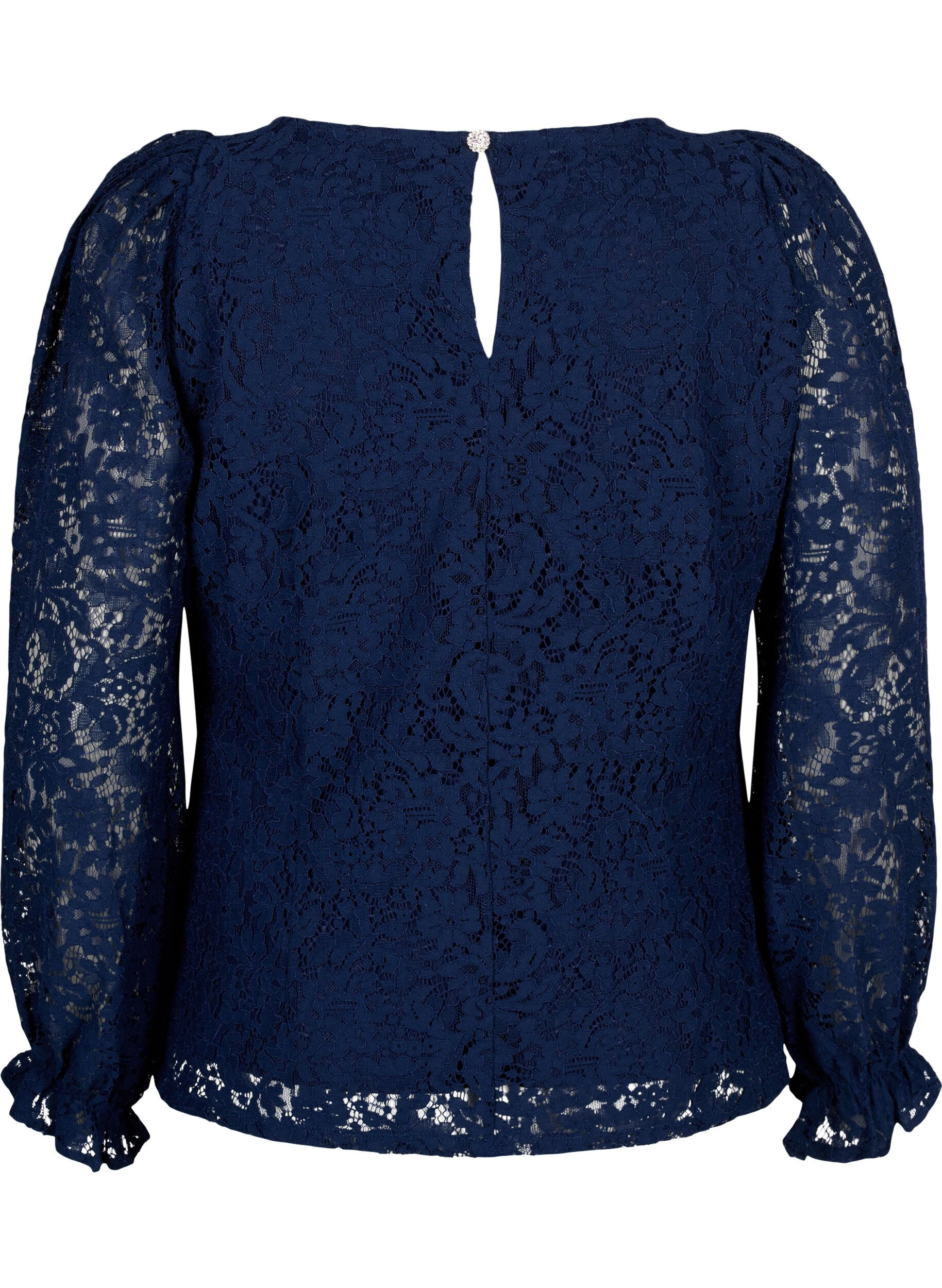 ZizziKanten blouse met lange mouwen, Navy Blazer, Packshot image number 1