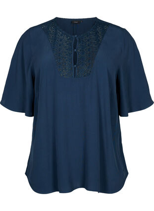 Viscose blouse met 1/2 mouwen en borduurwerk detail, Total Eclipse, Packshot image number 0