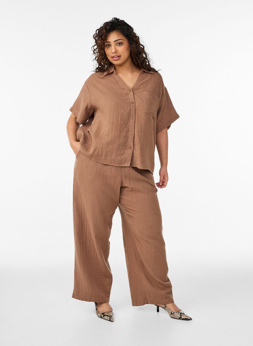 Katoenen mousseline blouse met korte mouwen, Bruin, Model image number 1