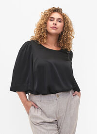 Satijnen blouse met halflange mouwen, Black, Model